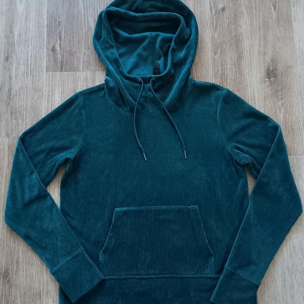Gaiam elena cowl hoodie womens XS ribbed velvety deep teal thumbholes pockets